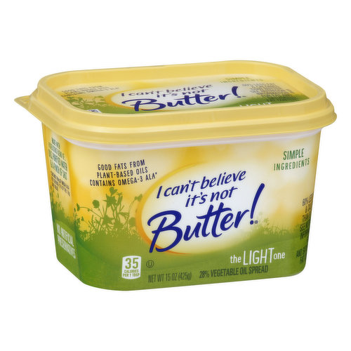 I Can’t Believe It’s Not Butter! Light is made with good fats from plant-based oils and contains omega-3 ALA* Made with real, simple ingredients, just a delicious blend of oils, purified water and a pinch of salt. I Can’t Believe It’s Not Butter!® Light has amazing fresh butter taste with 80% less saturated fat and 60% fewer calories than butter.** This deliciously simple spread contains no artificial flavors, no artificial preservatives and 0 grams trans-fat. * Contains 190 mg of omega-3 ALA per serving (11% of the 1.6g daily value)** I Can't Believe It's Not Butter!® Light has 1g saturated fat and 35 calories per 1 tbsp serving. Butter has 7g saturated fat and 100 calories per 1 tbsp serving.