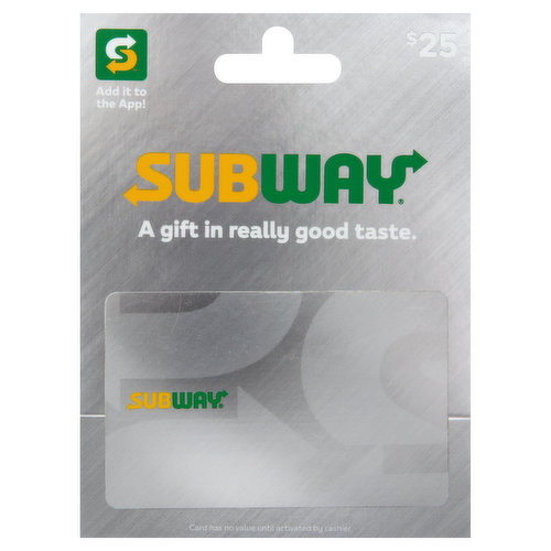 A gift in really good taste. Card has no value until activated by cashier. www.subway.com. Add it to the app! Add your Subway card to the app. Order ahead and pick up quick! RGCA member. FSC: Mix packaging.