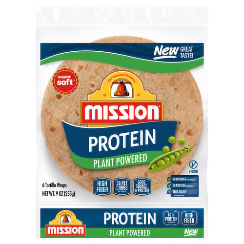 High fiber. 3g net carbs per tortilla. Good source of protein. 70 calories per tortilla. 7 g protein per tortilla. Zero sugar (not for weight control). Vegan. The authentic tradition. New great taste! Packed with flavor and plant-based protein, our delicious, high fiber, lower carb tortilla wraps are a perfectly balanced blend of great taste and nutrition. Do you know not all proteins are created equal? Our plant-powered tortilla wraps are a good source of protein meaning they are packed with high quality pea protein. Just one serving provide 10% of the recommended daily value, and is full of essential nutrients and amino acids to fuel an active lifestyle. Plus, our delicious, high fiber protein wraps deliver the great Mission flavor you love. Get wrapping and give your recipes a tasty protein boost! Questions or comments? missionfoods.com. 1-800-600-8226 weekdays 9:00AM to 5:00PM central time. For great recipe ideas, questions & comments, visit: missionfoods.com. On social media too! Facebook. Instagram. Twitter. (hashtag)MissionFoodsUS.
