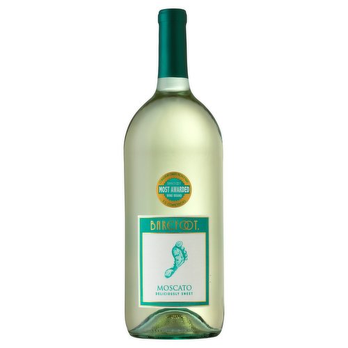 Deliciously sweet. Barefoot Moscato is a sweet wine with delicious mouth-watering flavors of juicy peach and apricot. Hints of lemon and orange citrus complement a crisp, refreshing finish. Barefoot Moscato is perfect with spicy Asian cuisine, light desserts, fresh fruit, and mild cheeses. Tasty! Barefoot supports the efforts of organizations that help keep America's beaches Barefoot friendly. Get Barefoot and have a great time! Barefoot's Moscato Blends have won Double gold! 2014 New York World Wine Competition. Consistent quality, proven value. White wine. barefootwine.com. Alc 9% by vol. Vinted and bottled by Barefoot Cellars, Modesto, CA 95354.