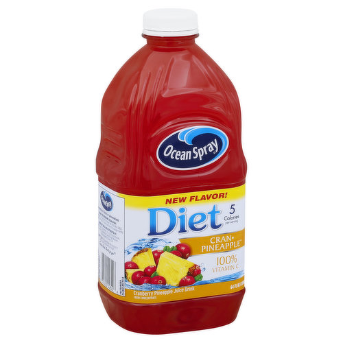 Cranberry pineapple juice drink from concentrate. New flavor! 100% vitamin C. 5 calories per serving. The Gants: 3rd generation growers Bandon, OR. Meet Our Growers: Hello! We're proud members of the Ocean Spray Cooperative, where the growers who harvest the cranberries also own the company. We take pride in growing nutritious fruit that's incredibly versatile, and we've been making delicious cranberry juice drinks for over 80 years. Our Diet Cran-Pineapple Cranberry Pineapple Juice Drink is made with real cranberry juice. It packs in the refreshing flavor of the cranberry and the sweet, tropical taste of ripe pineapple - without all the calories! No artificial flavors or preservatives. Thanks for Choosing Ocean Spray: For questions or comments please call 1-800-662-3263, M-F 9 AM to 4 PM EST. Please have the entire package handy. Tastes good. Good for you! Pasteurized. Please recycle. Contains 6% juice.