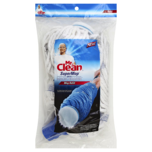 New! One magic eraser refill included. Additional pads sold separately. To be used with SuperMop item No. 446996 & magic eraser scrubber refills item No. 446249 sold separately. For Customer Support: 9 am - 5 pm EST: Please call toll free 1-888-318-8521. www.mrcleantools.com. SuperMop refill only fits new SuperMop with magic eraser scrubber item No. 446996 and will not fit SuperMop item No. 446236. Look for magic eraser scrubber pad refill item No. 446249 sold separately. Cleans up quickly thanks to super-absorbent cotton. Quick release buttons makes mop head easy to remove for washing or replacing. Made in China.