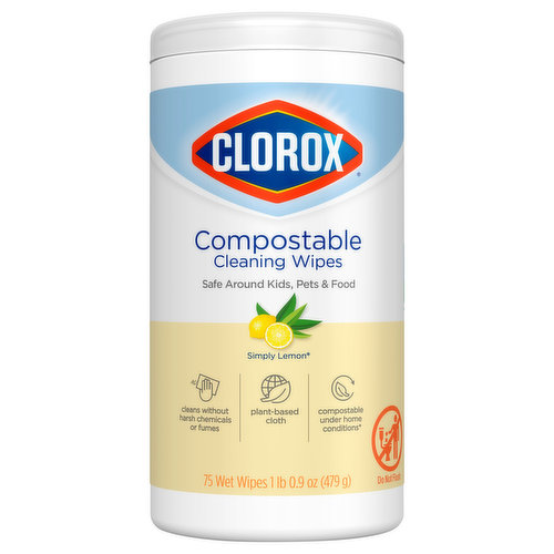 Safe around kids, pets & food. Cleans without harsh chemicals or fumes. Plant-based cloth. No rinse required. Baby/kids area. Pet areas. Kitchen areas. Compostable under home conditions (For home composting: Do not compost wipes if used to clean non-compostable messes, such as human or animal waste. Wipes should generally be no more than 10% of total home compost pile. To learn more, and for detailed home composting instructions, visit: www.clorox.com/compostable). Safer Choice: Meets U.S. EPA safer products standards. epa.gov/saferchoice