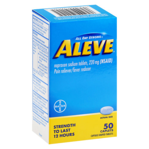 In Each Caplet: Other Information: Each caplet contains: sodium 20 mg. Store at 20-25 degrees C (68-77 degrees F). Avoid high humidity and excessive heat above 40 degrees C (104 degrees F). Naproxen sodium tablets, 220 mg (NSAID). Capsule-shaped tablets. Strength to last 12 hours. Questions or comments? 1-800-395-0689 (Mon-Fri 9AM - 5PM EST).