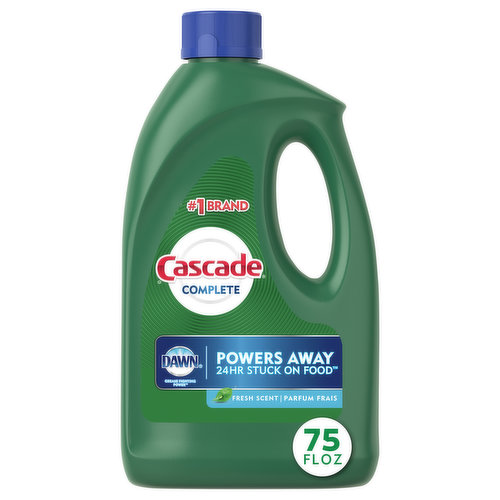 No. 1 brand. Dawn. Grease fighting power. Powers away 24 hr stuck on food. Recommended in North America (More dishwasher brands in North America recommend Cascade vs any other automatic dishwashing detergent brand; recommendations as part of co-marketing agreements). Toughness Comparison: Original Gel: Tougher than greasy messes; powers away residue. Complete Gel: Tougher than greasy messes; powers away residue; powers away 24 hr stuck on food; brilliant shine. Complete Oxi Gel: Tougher than greasy messes; powers away residue; powers away 24 hr stuck on food; brilliant shine; powers away tea stains. Platinum ActionPac: Tougher than greasy messes; powers away residue; powers away 24 hr stuck on food; brilliant shine; powers away tea stains; tougher than burnt on messes. Safe for septic tanks. Phosphate free. www.cascadeclean.com. how2recycle.info. Question? 1-800-765-5516.