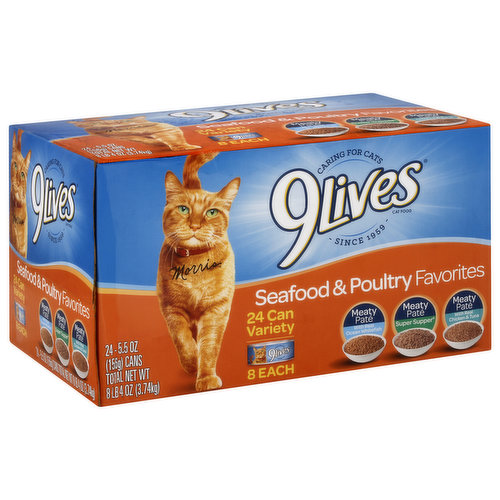 Meaty pate with real ocean whitefish. Meaty pate super supper. Meaty pate with real chicken & tuna. Caring for cats. Since 1959. Morris. Try dry!. Five varieties tailored to meet your cat's specific needs. Nutritional Statement: 9Lives meaty pate with real ocean whitefish cat food, meaty pate super supper cat food, and meaty pate with real chicken & tuna cat food are formulated to meet the nutritional levels established by the AAFCO cat food nutrient profiles for maintenance. www.9lives.com Visit us at www.9lives.com. Product information. Tips to care for your cat. Questions about Morris the cat. General comments & suggestions. Contact us 1-888-4-9LIVES weekdays (1-888-495-4837).