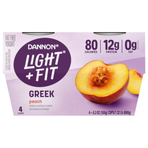 Looking for a delicious fat free yogurt with crave-able, juicy peach flavor? Give your taste buds a reason to rejoice with a four-pack of Dannon Light + Fit Greek Peach Fat Free Yogurt Cups. Every bite of this peach-flavored, fat free Greek yogurt makes it easy to crave fat free snacks with this delicious light yogurt brand. At Light + Fit, our goal is to help you do you while balancing a healthy diet by serving up some delightfully creamy Greek yogurt with sensational flavor. Our fat free Greek yogurt comes in single-serve cups, so you can live your life uninterrupted and enjoy them on the go. And with 80 calories and 12g of protein per 5.3 ounce serving, it’s a delicious, convenient option that helps you stick to a healthy routine. Pack a cup and enjoy it as a snack cup at work or as a post-workout snack. Or, you can add some to your breakfast parfaits and smoothies or use some in your favorite recipes as a flavorful sub for baking ingredients. Plus, these peach flavored yogurt cups can transform into a bold, yummy whipped cream topping for desserts. Add some Light to your day, every day, with a single serving snack cup in this Dannon Light + Fit Greek Peach Fat Free Yogurt Pack.
At Light + Fit, we believe that healthy living feels lighter when defined by what’s right for you. We commit to opening the door to a world of health where you are free to be who you are. With our wide selection of yogurts and protein smoothies, we make it easier to define healthy living with joyfully, fulfilling foods and experiences that are in tune with your unique body needs. Light + Fit nonfat yogurt and nonfat yogurt drinks are not only delicious, but also fit nicely into your wellness routine. Add Some Light to your day with Light + Fit!