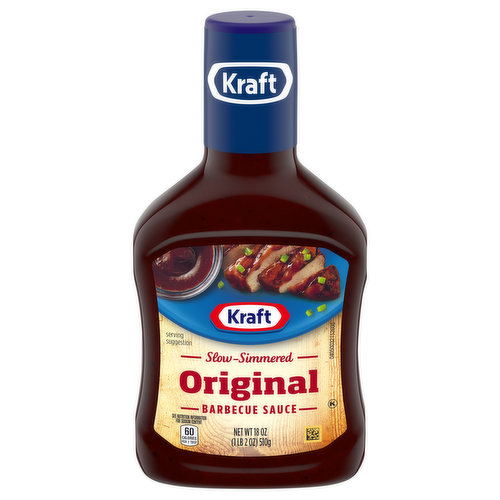 60 calories per 2 tbsp. See nutrition information for sodium content. kraftheinzcompany.com. kraftfoods.com. Questions/comments? call 1-800-847-1997 or visit us at: kraftheinzcompany.com. Visit us at kraftfoods.com. 1-800-847-1997 please have package available. Kraft Original Slow-Simmered Barbecue Sauce and Dip adds bold, robust barbecue flavor to almost anything. Bursting with molasses, apple cider vinegar, spices and smoky hickory flavor, this slow-simmered family favorite BBQ sauce delivers mouthwatering flavor in every bite. This barbecue sauce is thick enough for spreading or dipping, and it makes a great meat marinade. This BBQ sauce is a great additional to all your favorite appetizers and entrees. Try using it as a BBQ sauce for pork or dipping sauce for chicken wings and nuggets. This original flavored sauce is packaged in a squeezable 18 ounce bottle to preserve flavors.
