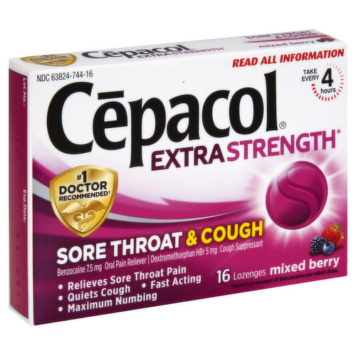Other Information: Store at room temperature 68-77 degrees F (20-25 degrees C). Protect contents from humidity.  Misc: Benzocaine 7.5 mg. Oral pain reliever. Dextromethorphan HBr 5 mg. Cough suppressant. Take every 4 hours. No. 1 doctor recommended (Cepacol is the No. 1 Doctor Recommended OTC Sore Throat Lozenge in the US for the period of November 1, 2013 until August 31, 2014). Relieves sore throat pain. Quiets cough. Fast acting. Maximum numbing. Extra strength (based on amount of benzocaine per adult dose). Parents: Learn about teen medicine abuse. www.StopMedicineAbuse.org. Questions? Call 1-888-963-3382. You may also report side effects to this phone number. www.cepacol.com. Health. Hygiene. Home. Made in England.