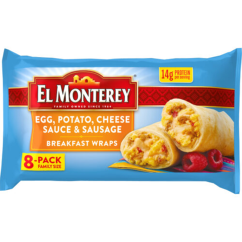 El Monterey Breakfast Wraps, Egg, Potato, Cheese Sauce & Sausage, 8-Pack Family Size