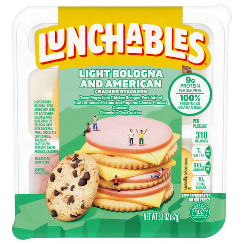 Lunchables Light Bologna and American Cracker Stackers Lunch Combinations are an on-the-go lunch while letting kids have fun with their food. Each convenient lunch kit for kids includes Oscar Mayer Light Sliced Bologna made with chicken and pork, Kraft American pasteurized prepared cheese product and crackers to create tasty stacked cracker snacks. Chocolate chip cookies serve as a delicious dessert. Our bologna and cheese kit is a fast and fun option for school lunch, picnics, or on-the-go snacking. Every bologna and cheese kit provides a good source of calcium and protein, with 9 grams of protein per serving. Keep Lunchables Bologna and Cheese Crackers refrigerated.