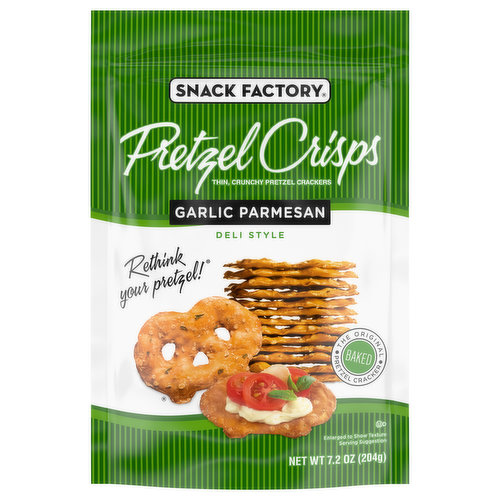 Per 1 oz Serving (About 10 Crackers): 110 calories; 0 g sat fat (0% DV); 340 mg sodium (15% DV); 2 g total sugars. Thin, crunchy pretzel crackers. Rethink your pretzel! Baked: The original pretzel cracker. Crunch'em. Crack'em. Dip'em. Stack'em. Pretzel Crisps are a modern twist on an old favorite. They're the best part of the pretzel-all the flavor and crunch you love-but lighter, crispier and more versatile than ever before. Whether you like them plain, dipped, or paired with your favorite toppings, we're sure you'll enjoy this wholesome snack as much as we do. One bite and you'll Rethink Your Pretzel! pretzelcrisps.com. Facebook. Twitter. Instagram. Pinterest. PretzelCrisps. Resealable for freshness.