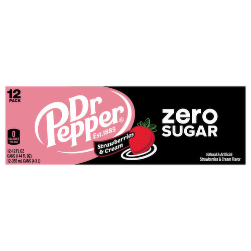 Dr Pepper Cola, Zero Sugar, Strawberries & Cream, 12 Pack