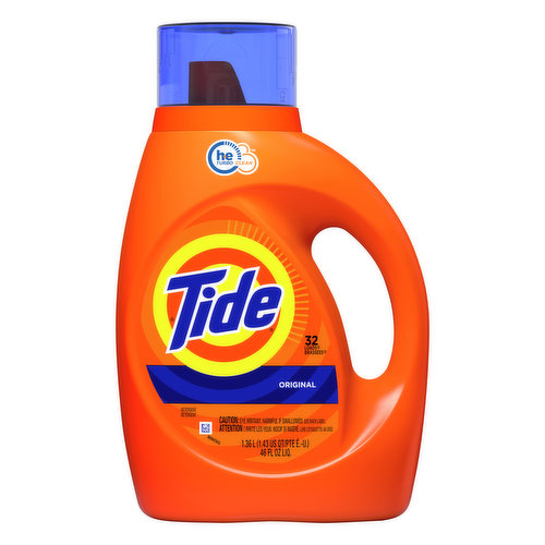 32 loads (Contains approximately 32 loads as measured just below bar 1 on cap). HE turbo clean. Concentrated formula vs. formula as of 03/01/20. Contains no phosphate. how2recycle.info. www.tide.com. SmartLabel: Scan barcode with Smartlabel app for more info. Questions? 1-800-879-8433. For more ingredient information visit www.tide.com. 100% recyclable bottle. Bottle made from 25% or more post-consumer recycled plastic. Formula made with 100% renewable wind power electricity.