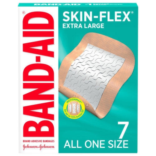 Band-Aid Brand Skin-Flex Adhesive Bandages are the only Band-Aid Brand Adhesive Bandage designed for lasting durability and exceptional comfort. With a flexible pad that fits snug even on hands, fingers and knees, these extra large flexible bandages dry almost instantly when wet and stay intact even through handwashing. With MotionMax Technology, the active bandages expand and contract for the ultimate skin-like fit. These sterile bandages have a four-sided seal, so they protect your minor wounds from dirt and germs that may cause infection or delay healing as they provide a 24-hour hold that withstands damage and frays. The Quilt-Aid Comfort Pad on each Band-Aid Brand Skin-Flex Adhesive bandage wicks away blood and fluids without sticking to wounds, while lightweight cross-fibers stretch and flex to mold to your body. This package contains flexible adhesive bandages from the #1 doctor recommended brand to protect your minor cuts, scrapes, burns and wounds.