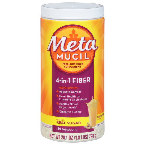 4-in-1 fiber. Helps Support: Appetite control. Heart health by lowering cholesterol (See back information about soluble fiber and heart disease) (Diets low in saturated fat and cholesterol that include 7 grams of soluble fiber per day from psyllium husk, as Metamucil, may reduce the risk of heart disease by lowering cholesterol. One serving of Metamucil has 24 grams of this soluble fiber). Healthy blood sugar levels. Digestive health. No.1 doctor recommended brand.