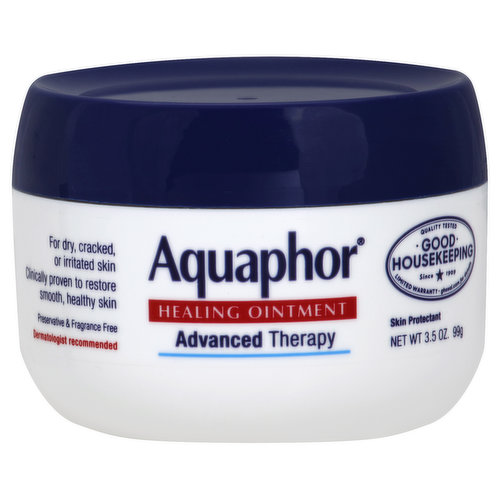 Misc: Skin protectant. Clinically proven to restore smooth, healthy skin. Preservative & fragrance free. Dermatologist recommended. Good Housekeeping: Since 1909. Quality tested. Limited warranty. ghseal.com for details. Trusted by dermatologist and pediatricians, Aquaphor Healing Ointment provides the effective care that your very dry, chapped, or irritated skin needs. Specially formulated to be free of fragrances, dyes, and preservatives, to provide safe and gentle care for sensitive skin. www.AquaphorHealing.com.