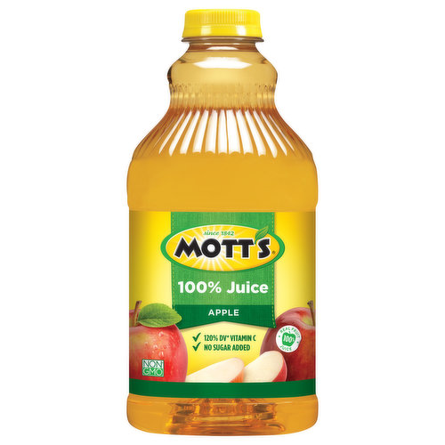 Real fruit 100% juice. No artificial flavors, colors or sweeteners. 120 calories per 8 fl oz serving. 120% DV Vitamin C. 2 servings of fruit (Provides 2 servings of fruit per 8 fl oz. Current USDA dietary guidelines recommend a daily intake of 2 cups of fruit for a 2,000 calorie diet. 1 serving = 1/2 cup) per 8 fl oz. Gluten free. No sugar added. 100% juice from concentrate with added vitamin C. Not a low calorie food. See nutrition panel for information on calorie and sugar content. Non GMO (Non-GMO/GE. Certified by NSF. www.nsfnongmo.org.) Since 1842. Unsweetened. Pasteurized. www.motts.com. Let's Play. letsplay.com. Please recycle.