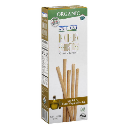 USDA Organic. Certified Organic by Bioagricert S.r.l. 100% Vegan. Made with non-GMO ingredients. No preservatives. All natural extra virgin olive oil. Sea salt & extra virgin olive oil. Live. Love. Snack. Asturi Thin Italian Breadsticks are our certified organic, all natural, light snack. This delicious grissini originates from Torino, Italy and is baked using only the highest quality organic unbleached wheat flour and extra virgin olive oil. Our thin breadsticks are the ideal snack all by themselves, or paired with your favorite salads, soups, hors d'oeuvres, dips, or cheeses, - truly a great compliment for any occasion. Our Asturi Sesame & Extra Virgin Olive Oil Thin Breadsticks contain no artificial flavors or preservatives and are GMO-free. Best of all, we do not use milk, cheese, eggs, or honey in our recipe, making it ideal for vegan lifestyles! You can snack guilt free because our Thin Italian Breadsticks are baked in italy with: Certified organic, natural and simple ingredients. Vegan (no milk, cheese, eggs, or honey). No GMO's. No cholesterol. No trans fats. No artificial flavors. No artificial colorings. asturibrand.com. Facebook. Twitter. Instagram. Pinterest. Baked in Italy. Product of Italy.