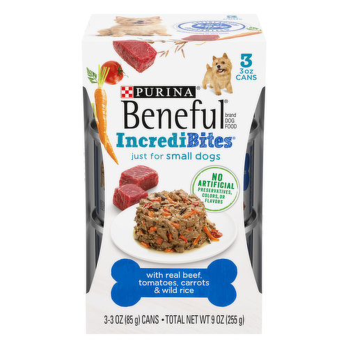 Calorie content (calculated) (ME): 1011kcal/kg, 86 kcal/can. Beneful IncrediBites with Real Beef, Tomatoes, Carrots & Wild Rice is formulated to meet nutritional levels established by the AAFCO dog food nutrient profiles for maintenance of adult dogs. No artificial flavors. No artificial preservatives. No artificial colors. 3 oz cans. Just for small dogs. Big nutrition in just his size. High-protein recipe formulated specifically for small dogs. Tender, meaty texture with small, easy-to-chew bites. 100% complete & balanced for adult dogs. Purina small dog: Nutrient dense. Protein packed. Antioxidants added. Specialized nutrition. Real ingredients you can see. With tomatoes, carrots & wild rice. It’s the small things that can make a big difference: Made with real beef; blended with real vegetables you can see; No artificial colors, flavors, or preservative; Serve alone or mix with your dog’s favorite kibble. Satisfaction Guarantee (Visit beneful.com./faq for more details.). He'll love it! beneful.com/smalldog; purina.com; how2recylce.info. Every ingredient has purpose beneful.com/ingredients. Purina Beneful Incredibites, With farm-raised beef. The ingredient. And accents of carrots & peas. Nutrient-rich blend. Enjoy a meal or mix with dry kibble. Try IncrediBites dry food. how2recylce.info. Printed in USA. Give your little dog the taste he loves in tender, small bites perfect for his small mouth with Purina Beneful IncrediBites With Real Beef, Tomatoes, Carrots and Wild Rice adult wet dog food for small dogs. We craft this recipe using real beef and real vegetables and grains you can see to deliver a great-tasting meal made with no artificial colors, flavors or preservatives. Thoughtfully formulated for small breed dogs just like yours, this protein-rich recipe helps support strong muscles and his whole-body health. Since this recipe is 100 percent complete and balanced for adult dogs and contains 23 essential vitamins and minerals, you can feel confident that you're giving your best friend something that's good for him. With this Purina Beneful IncrediBites dog food for small dogs, he gets the delicious flavor and tender texture he craves paired with a touch of sauce for a delectable mealtime experience. Serve IncrediBites wet dog food for small breeds as a meal, or mix our recipes with his favorite dry kibble as dog food toppers for fun variety and more excitement in his bowl. We proudly produce this small dog food in Purina-owned, U.S. facilities for your assurance of high quality and safety.; Help support strong muscles and whole-body health by feeding your little dog Purina Beneful IncrediBites With Real Beef, Tomatoes, Carrots & Wild Rice adult wet dog food for small dogs.