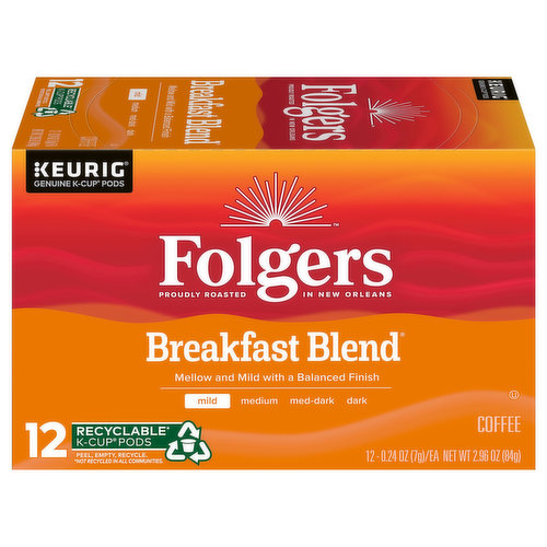 Enjoy The Best Part of Wakin’ Up with Folgers Breakfast Blend mild roast coffee in your cup. This select line of coffee delivers a blend of smooth and mellow flavors that have been crafted with care by our experienced Roast Masters. And thanks to our genuine Keurig K-Cup coffee pods, you can spend more time enjoying your favorite cup of Folgers coffee with the touch of a button, using virtually any Keurig coffee maker. It’s the perfect way to start your day. Order a box of our Breakfast Blend coffee now and discover the delightful difference of Folgers coffee in every cup.