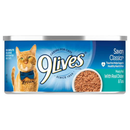 Indulge your cat with every bite of 9Lives Meaty Paté With Real Chicken & Tuna cat food. It's a decadent meal made with real tender chicken and tuna for the taste they love with the nutrition they need for a long, healthy life.