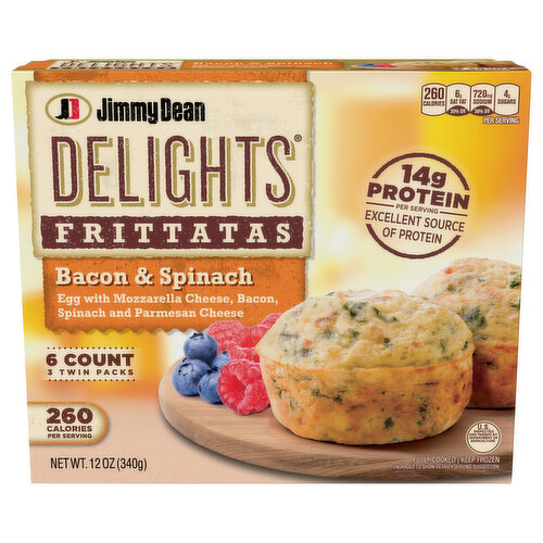 Jimmy Dean Delights Bacon and Spinach Frittatas is a real breakfast, real fast. This flavorful breakfast is packed with bacon, spinach and cheese in a fluffy egg muffin. These breakfast frittatas have 14 grams of protein per serving. Today, Jimmy Dean brand brings you many ways to add some sunshine to your morning. Today is your day to shine on.