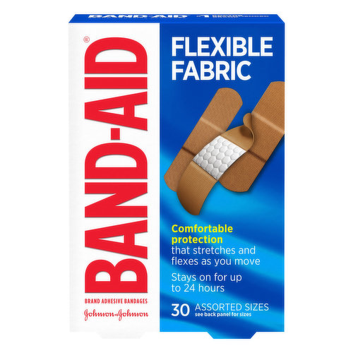 Comfortable protection that stretches and flexes as you move. Stays on for up to 24 hours. See back panel for sizes. Moves with you, so you won't miss a moment. Memory Weave Fabric: Stretchable, comfortable fabric made with movement in mind. Quilt-Aid Comfort Pad: Designed to cushion painful wounds while you heal. The makers of Band-Aid Brand adhesive bandages do not manufacture store brand products. 51 in x 3 in (2.5 cm x 7.6 cm). 10-3/4 in x 3 in (1.9 cm x 7.6 cm). 15-5/8 in x 2-1/4 in (1.5 cm x 5.7 cm). Heals the Hurt Faster. Covering wounds can help protect you against dirt and germs that may cause infection. Use both Band-Aid Adhesive Bandages and Neosporin first aid antibiotic. Trusted protection for your healing wounds. Not made with natural rubber latex. www.band-aid.com. Outside US, dial collect 215-273-8755. www.band-aid.com. Care to recycle. Made in Brazil.