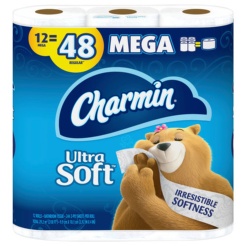 Charmin Ultra Soft is our softest toilet paper ever so it is harder than ever to resist! It is 2X more absorbent versus the leading bargain brand. When you buy Charmin Ultra Soft Mega Roll toilet paper you get a big, long-lasting roll because one Charmin Mega Roll equals 4 Regular Rolls*. Also, Charmin Ultra Soft bath tissue is 2-ply and septic-safe. We all go to the bathroom, those who go with Charmin Ultra Soft toilet paper really Enjoy the Go!
(*based on number of sheets in Charmin regular roll bath tissue)