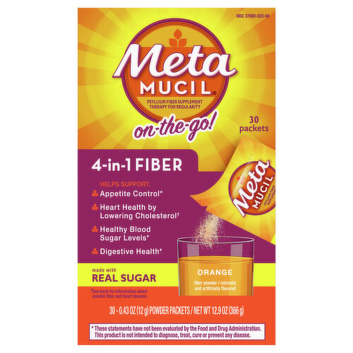 Metamucil Fiber Powder, 4-in-1, Orange, On-the-Go, Powder Packets