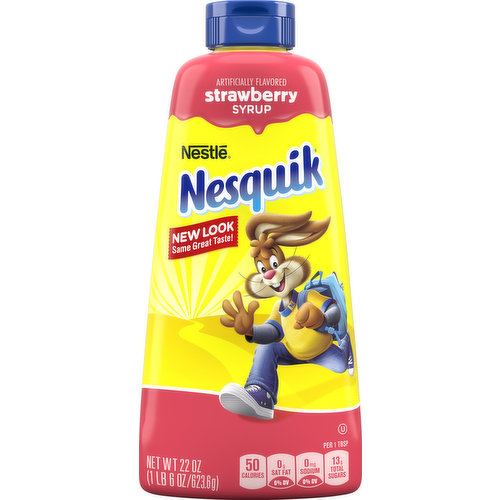 Artificial flavored. New look same great taste! Per 1 Tbsp: 50 calories; 0 g sat fat (0% DV); 0 mg sodium (0% DV); 13 g total sugars. Good to Know: When mixed with 1 cup lowfat milk Nesquik is a good source of protein, calcium, and vitamin A & D - making nutrition fun with the taste your family loves! Good food, good life. Thoughtful Portion: 2 teaspoons Nesquik + 8 fl. oz lowfat milk. For kids, we recommend using 2 tsp (13 g) of Nesquik syrup for a delicious taste with 30% less sugar (9 g) than 1 tbsp of Nesquik syrup (13 g). SmartLabel: Scan for more info. Nutritional compass. Good to Connect: nesquik.com call/text 1-800-637-8536 available 24/7. Please recycle. Product of Canada.