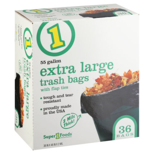 38 inch x 48 inch x 2 mil. Trash bags with flap ties. Super 1 Foods & discount pharmacy. 2 Mils thick! Tough and tear resistant. If you’re not super happy, we’re not happy - 100% satisfaction, 100% of the time, guaranteed! brookshires.com. Questions? Call us at 1-903-534-3000. 100% recycled paperboard. Proudly made in the USA.