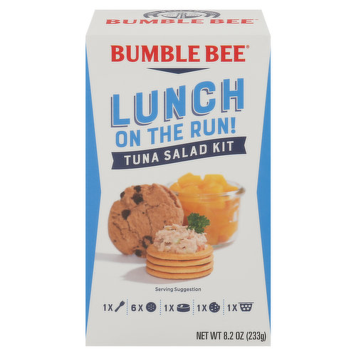 Lunch on the run! Mmm- let's lunch. Feeling hungry? Craving protein? In a rush? We gotcha covered. Bumble Bee Lunch on the Run! kits have it all. Tasty protein (Tuna salad is a good source of protein. Please see nutrition information for fat content) and crackers. Sweet fruit and a cookie. Even a handy spork for instant gratification. Already mixed ready to eat. Bee well for life. Est 1899. Open up and say yum. Lunch is ready. It's what's inside that counts. What's Inside: 1 chocolate chip cookie; 1 diced peaches; 6 buttery crackers; 1 handy spork; 1 Bumble Bee Tuna Salad. So creamy. So classic. bumblebee.com. For inquiries concerning product include number shown on carton and can end. Dolphin safe. Wild caught. What's inside: 1 chocolate chip cookie, 1 diced peaches, 6 buttery crackers, 1 handy spork, 1 Bumble Bee Tuna Salad.; Mmm... Let's lunch.Feeling hungry? Craving protein? In a rush? We gotcha covered. Bumble Bee Lunch on the Run! kits have it all. Tasty protein* and crackers. Sweet fruit and a cookie. Even a handy spork for instant gratification.; Open up and say yum. Lunch is ready. It's what's inside that counts.