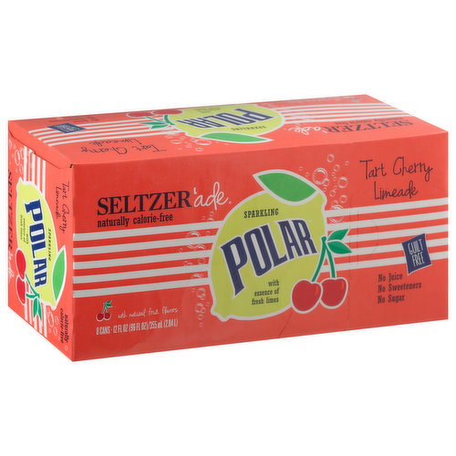 Seltzer 'ade with natural fruit flavors. No sugar. Naturally calorie-free. Contains no juice, sodium or caffeine. Sparkling Polar with essence of fresh limes. Guilt free. No sweeteners. PolarSeltzerAde.com. (hashtag)SeltzerAde. Please recycle.