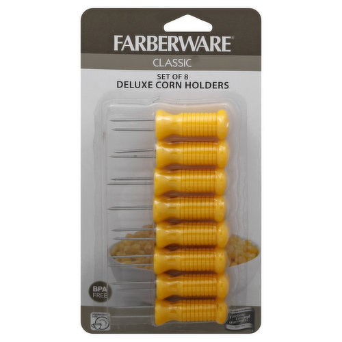Set of 8. Dishwasher safe. Stainless steel prongs. Protect fingers from hot corn, Lifetime limited warranty. BPA free. Please recycle. Made in China.