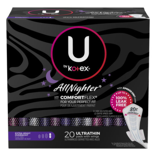 AllNighter with ComforfFlex for your perfect fit. With Xpress Dri core. Up to 100% leak free. 80% larger back (vs. CleanWear regular ultra thin pad). EasyWings: Fit underwear perfectly for a secure fit. All night protection in any position with 2x the coverage (vs. CleanWear regular ultra thin pad). ComfortFlex: Design fits and flexes for outstanding skin comfort. Unique Xpress Dri: Core absorbs in seconds. Regular; heavy; overnight; extra heavy overnight. Made without fragrance. Dispose of properly. Discard in trash. Join us to End Period Poverty. With U by Kotex She Can; Alliance for Period Supplies. Everyone deserves access to period products. As the founding sponsor of the Alliance for Period Supplies, U by Kotex makes millions of donations to ensure every person has the products they need to live fully and freely. Get Involved at: ubykotex.com.