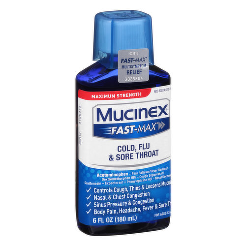 In Each 20 mL Other Information: Each 20 ml contains: sodium 8 mg. Store between 20-25 degrees C (68-77 degreess F). Do not refrigerate. For ages 12+. Cold, flu & sore throat. Acetaminophen - pain reliever/fever reducer. Dextromethorphan HBr - Cough suppressant. Guaifenesin - expectorant. Phenylephrine HCl - nasal decongestant. Controls cough, thins & loosens mucus. Nasal & chest congestion. Sinus pressure & congestion. Body pain, headache, fever & sore throat. Maximum strength per 4-hour dose. Parents: Learn about teen medicine abuse. www.StopMedicineAbuse.org. Health. Hygiene. Home. www.mucinex.com. Questions? 1-866-Mucinex (1-866-682-4639) You may also report side effects to this phone number. Please visit our website www.mucinex.com. Made in England.