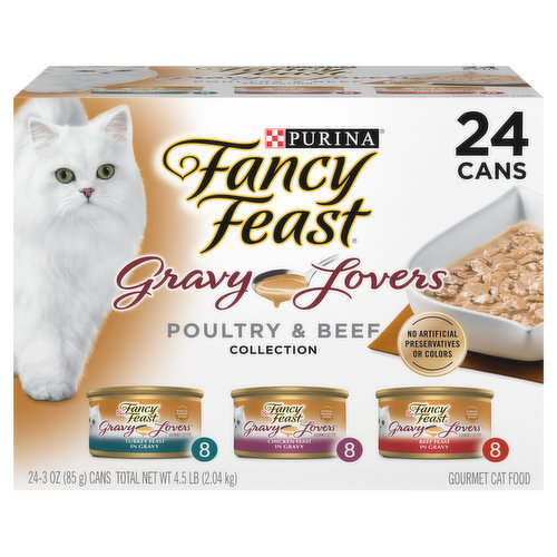 Calorie Content (Calculated)(ME): 775 kcal/kg, 65 kcal/can.  Fancy Feast Gravy Lovers Beef Feast in Gravy is formulated to meet the nutritional levels established by the AAFCO Cat Food Nutrient Profiles for growth of kittens and maintenance of adult cats. Calorie Content (Calculated)(ME): 774 kcal/kg, 65 kcal/can.  Fancy Feast Gravy Lovers Turkey Feast in Gravy are formulated to meet the nutritional levels established by the AAFCO Cat Food Nutrient Profiles for maintenance of adult cats. Calorie Content (Calculated)(ME): 798 kcal/kg, 67 kcal/can.  Fancy Feast Gravy Lovers Chicken Feast in Gravy are formulated to meet the nutritional levels established by the AAFCO Cat Food Nutrient Profiles for maintenance of adult cats.