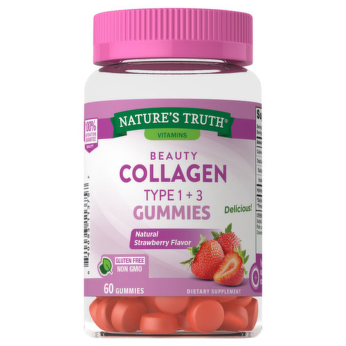 Feed your inner beauty with our delicious Collagen gummies! Our Collagen gummies are specially designed to boost your inner glow by providing you with two vitalizing Collagens – Type I and Type III. Bursting with a naturally delicious strawberry flavor, our Collagen gummies provide you with 120 mg of this powerhouse protein per serving. Not only do they taste delicious, but you’re also getting all the amazing benefits Collagen has to offer. Plus, with only 3 grams of sugar per serving of two gummies, you’ll feel great about adding them to your wellness routine.At Nature’s Truth®, we know how important a clean wellness experience is for you. That is why we use only the best ingredients when it comes to crafting our Beauty Collagen Gummies. Our superior formula is Non-GMO, gluten free, dairy free, free of other common allergens, and created without any artificial flavors. †This statement has not been evaluated by the Food and Drug Administration. This product is not intended to diagnose, treat, cure or prevent any disease.