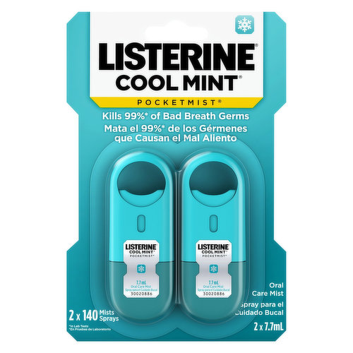 Refresh your bad breath anytime, anywhere with Listerine Pocketmist Cool Mint Oral Care Fresh Breath Mist. This minty mouth spray kills 99% of germs that cause bad breath* for a clean, fresh breath feeling in your mouth. The breath refresher spray is small enough to fit on your keychain, or in your bag or pocket, so you can get fresh breath no matter where you go. The sugar-free formula is in a nonaerosol oral spray bottle and comes in a refreshing Cool Mint flavor. *In laboratory tests.