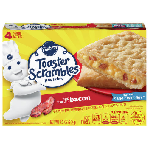 Pillsbury Toaster Scrambles with bacon are a fun, delicious and convenient way to do breakfast! With every bite of these savory pastries you'll taste a golden, flaky crust, bits of smoky bacon, soft scrambled eggs and an explosion of cheesy flavor. Toaster Scrambles are the answer to your on-the-go breakfast needs. Their size, shape and simple cooking instructions make them a convenient option for a quick bite on the way to work, school and more.Starting with a few flour mills on the banks of the Mississippi River in 1869, Pillsbury has been helping families make memories through food for over 150 years. We strive to make homemade moments extra special through our products and recipes, which help make cooking and baking easy, affordable and convenient for even the busiest families. 