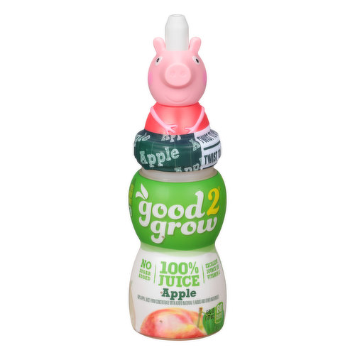 100% apple juice from concentrate with added natural flavors and other ingredients. No artificial flavors. 80 calories per bottle. No sugar added. Excellent source of Vitamin C. Not a reduced calorie food. See nutrition facts for sugar and calorie content. Non GMO. Grow your top collection! Spill proof spout. Play games. Win prizes. No artificial colors. No artificial preservatives.  good2collect.com. Facebook. Instagram. 1-877-875-8443, 8am-4pm est, quality(at)good2grow.com.  BPA free. Bottled in USA with concentrate origin in USA, Argentina, Chile, China, Turkey, Ukraine, Poland and/or Germany.
