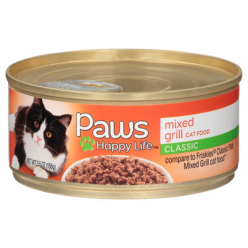 Calorie Content (calculated): Metabolizable Energy (ME) 1,237 kcal/kg; 192 kcal/can. Paws Happy Life Classic Mixed Grill Cat Food is formulated to meet the nutritional levels established by the AAFCO Cat Food Nutrient profiles for growth and maintenance.