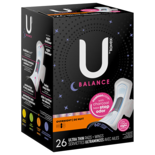 U by Kotex Pads + Wings, Ultra Thin, Overnight - Brookshire's