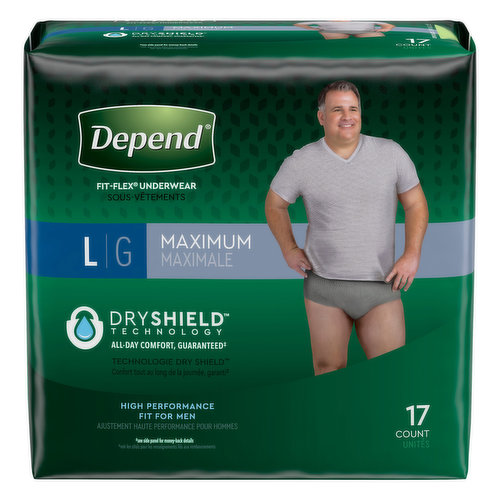 Dryshield technology all night comfort, guaranteed (see side panel for money-back details).  Ready to experience the Trusted Protection of Depend Fit-Flex Underwear? 3 in 1 protection: maximum absorbency, odor control and dryness. Soft, flexible fabric for a comfortable fit. High-performance waistband helps keep underwear in place. Form-fitting elastic strands for a smooth, discreet fit. Size: L. Pant Size: 34-13 in (89 cm 109 cm). Guaranteed: Purchase by 3/1/21, Main in by 3/15/21. Online access required. Limit 1 per household. Original receipt/UPC required. Restriction apply. See www.depend.com/guarantee for details. depend.com. how2recycle.info. Consumer Services, Kimberly-Clark Corp., Dept. DFFMLB-17 PO Box 2020, Neenah, WI 54957-2020 USA. Discard in trash. Dispose of properly. Made in the USA from domestic and imported material.