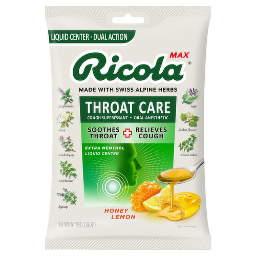 Ricola Throat Care, Honey Lemon, Wrapped Drops