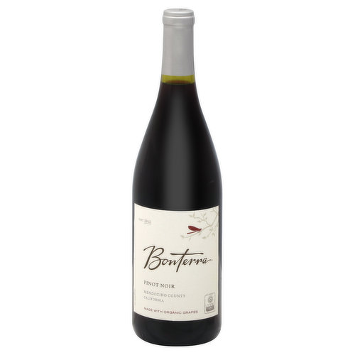 Made with organic grapes. CCOF: California Certified Organic Farmers. Bonterra was founded on a philosophy that farming organically produces the purest, most flavorful fruit. This holistic approach balances the land and surrounding habitat of wasps, birds and wildlife to produce wines of unmatched flavor and distinction. Our Pinot Noir has notes of raspberry, strawberry and plum layered with hints of vanilla and oak spice. Robert Blue, Winemaker. www.bonterra.com. Winery & grapes certified by the California Certified Organic Farmers. 100% post consumer recycled labels. Alc 14.5% by vol. Produced & bottled by Bonterra Vineyards in Hopland, Mendocino County, CA.