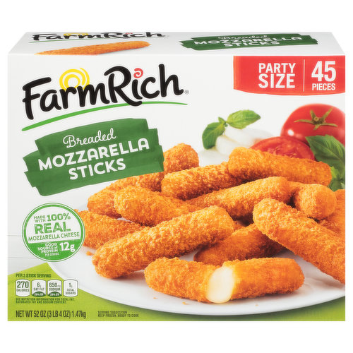 About 45 pieces. Our breaded mozzarella cheese sticks are made with 100% real mozzarella and are a good source of protein and excellent source of calcium. They are the perfect combination of gooey cheese and a 'crispy' breading! Gooey mozzarella cheese. Crispy golden breading. Perfect snack size. Grab a snack. If you wanna grab a snack, grab a snack. Farm Rich makes it easy to snack whenever, however and with whomever you want. This product is packaged and sold by weight.