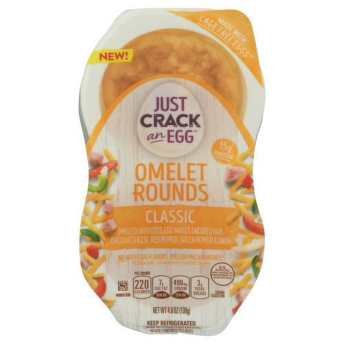 Omelets with eggs, egg whites, under ham, cheddar cheese. red pepper, green pepper & onion. No artificial flavors, dyes or preservatives (see back panel to support quality).. 15 g protein. Per 2 Rounds: 220 Calories; 7 g sat fat (35% DV); 490 mg sodium (21% DV); 3 g total sugars. New! Made with cage free eggs (Made with eggs from chickens never confined to cages). Our hot, fluffy omelets will have you falling back in love with mornings. Simply heat, eat & enjoy. U.S. Inspected and Passed by Department of Agriculture. how2recycle.info.
