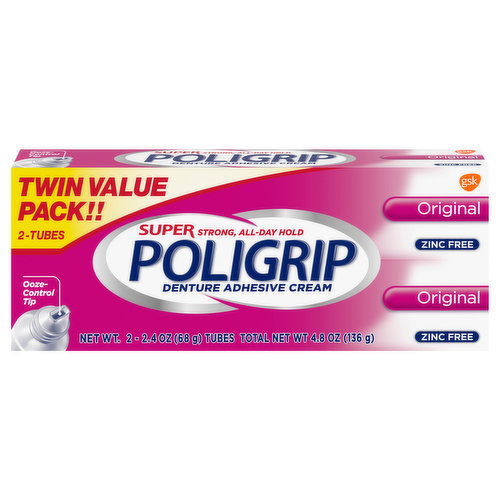 Poligrip Denture Adhesive Cream, Zinc Free, Original, Twin Value Pack